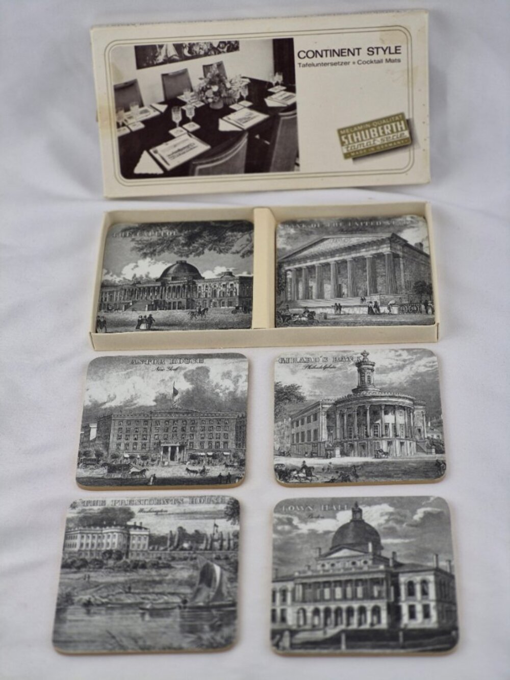 Vintage Schuberth Continent Style "Early America" Cocktail Mats W. Germany Set 6